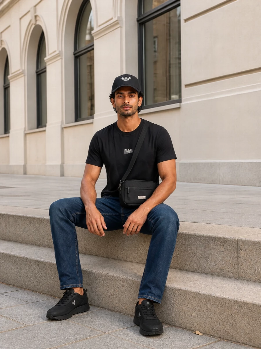 A black Armani cap tops a matching logo tee and straight dark denim for a tight, monochrome street-sport vibe. All-black runners keep the line clean and low-key, while a compact crossbody adds just enough hardware and function without breaking the palette.