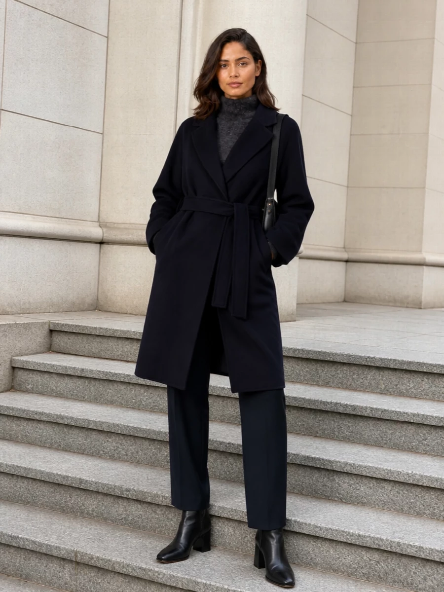 Max mara navy coat tailored trousers outfit