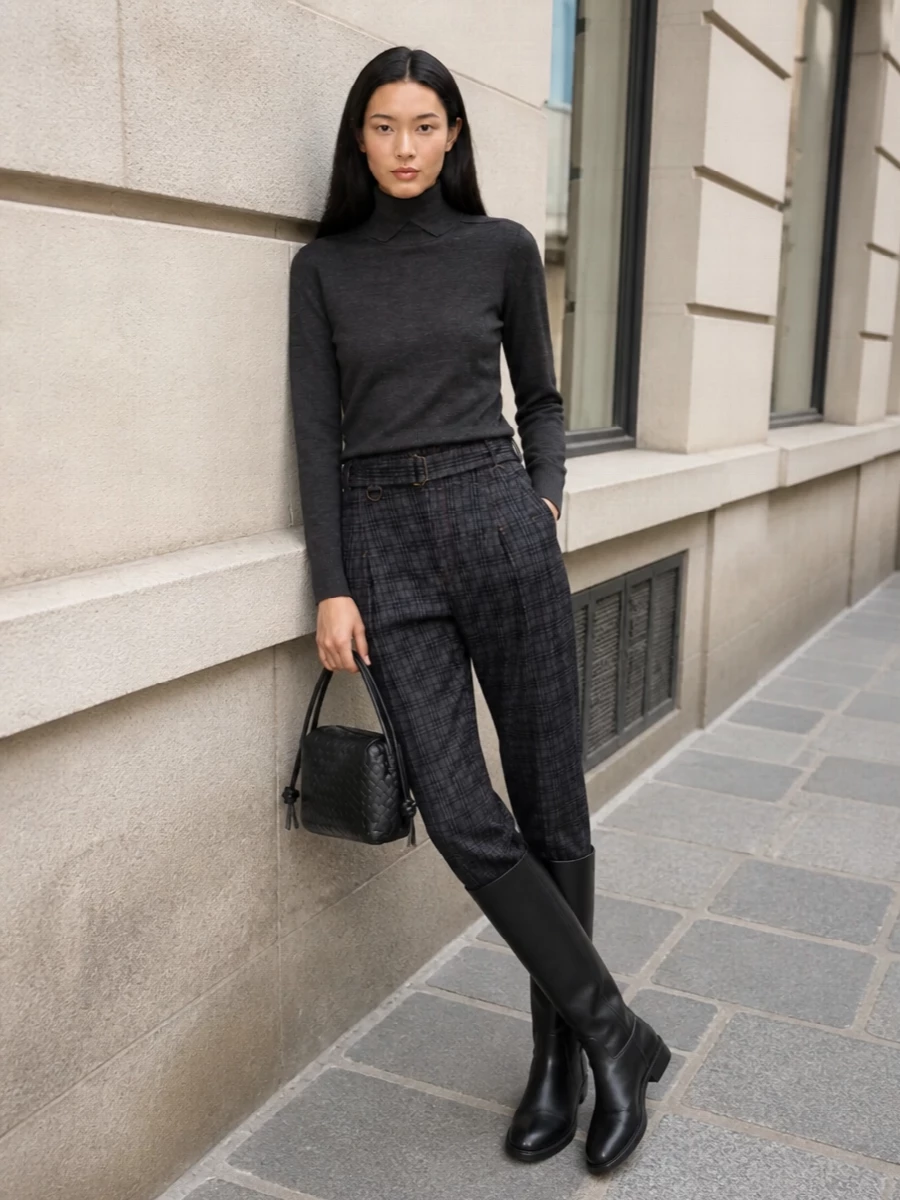 Charcoal turtleneck checked trousers riding boots