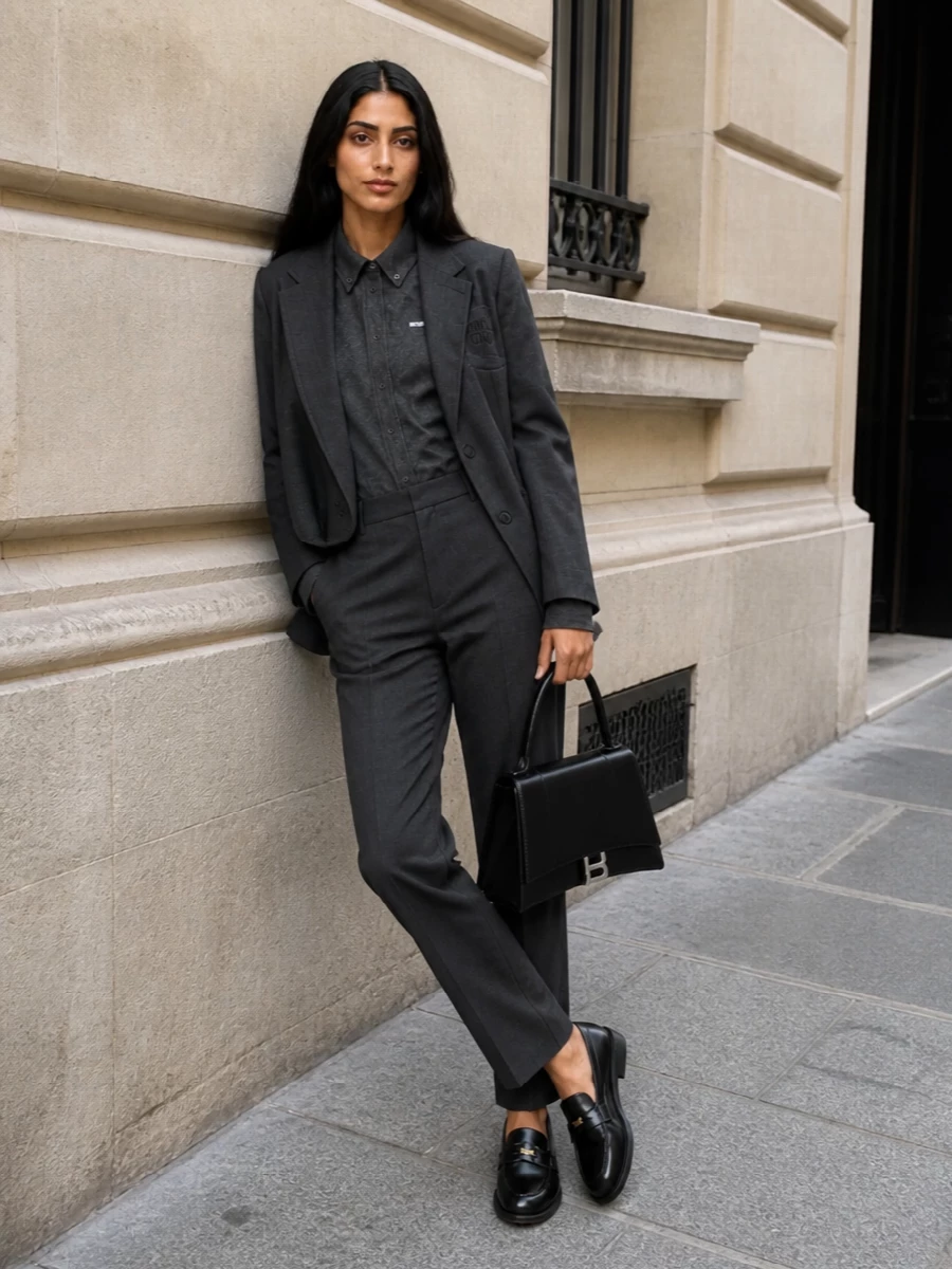 This look builds a precise, modern Miu Miu suit story: tonal charcoal blazer over a matching charcoal shirt, paired with clean high-waisted trousers for a long, quietly powerful line. Polished black loafers and a sculptural black Balenciaga top-handle bag finish it with an intellectual, city-ready edge that feels understated, masculine-inflected and impeccably SS-appropriate. I chose the top-and-trouser path over a dress to honor the blazer’s tailoring DNA and preserve a coherent, uniform-like silhouette.