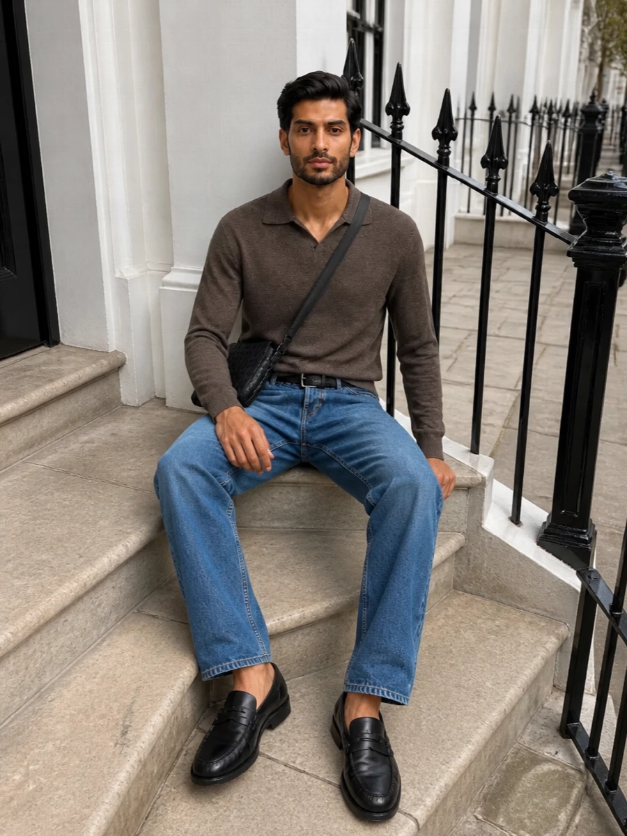 The row denim brown knit black leather