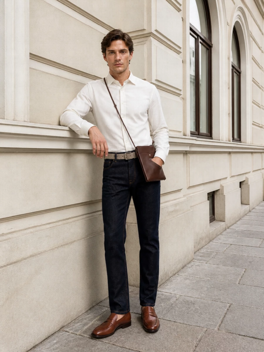 Etro white shirt dark jeans tods loafers