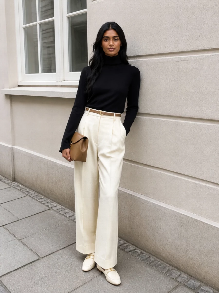 Cream wide-leg tailoring grounded with a black turtleneck creates a clear, graphic base that still feels soft around the face. Ivory loafers and camel leather accessories keep the palette warm and refined, adding just enough definition at the waist and shoulder for client days that run long. The result is a precise, quiet outfit that reads considered from boardroom to dinner without needing a change.