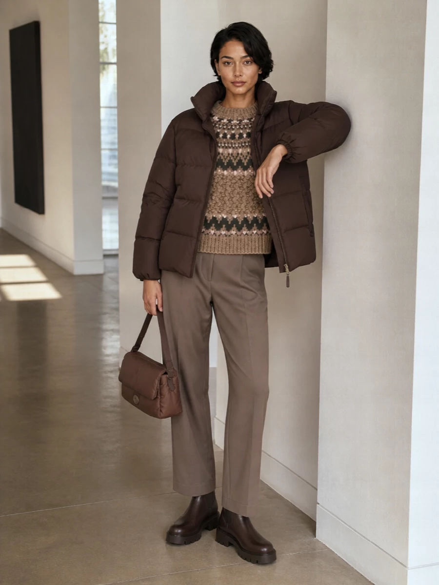 Moncler brown puffer fair isle knit taupe pants