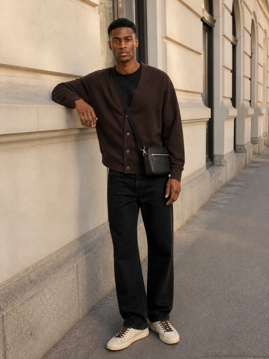 Golden goose cardigan black jeans sneakers outfit