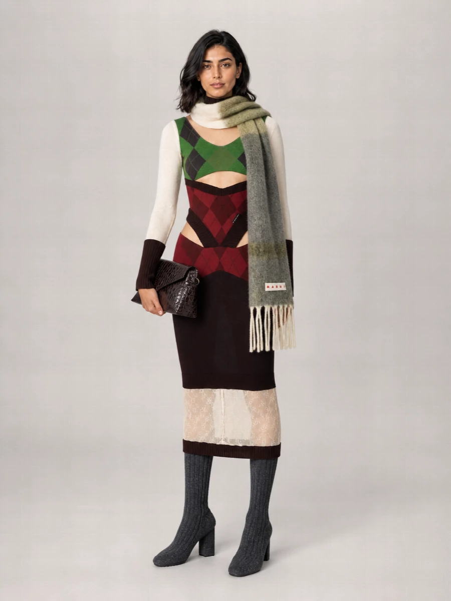 Marine Serre Ribbed Knit Fitted Long-Sleeve Midi Dress