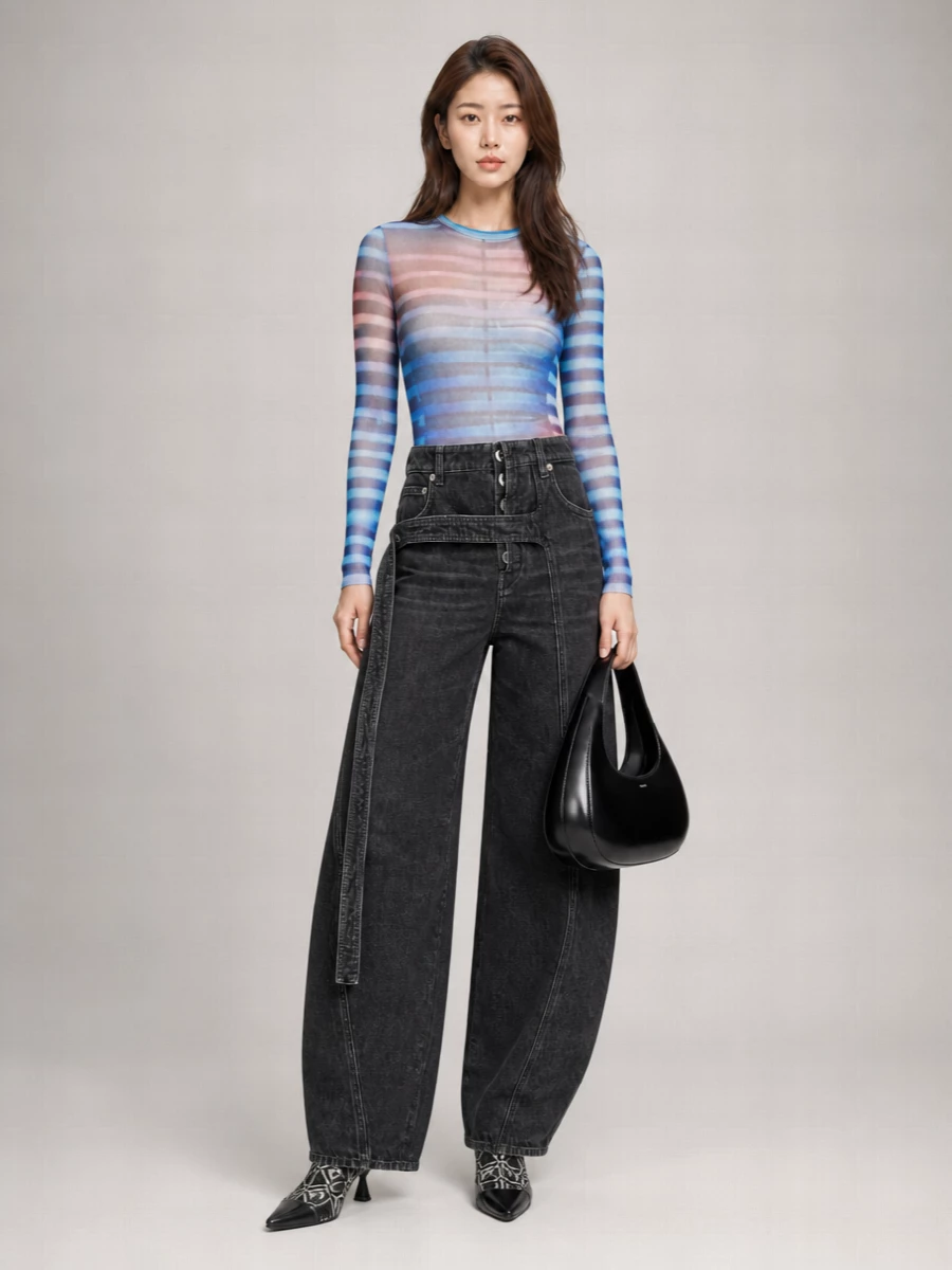 Jean Paul Gaultier Mesh Air Printed Long-Sleeve Tulle Top