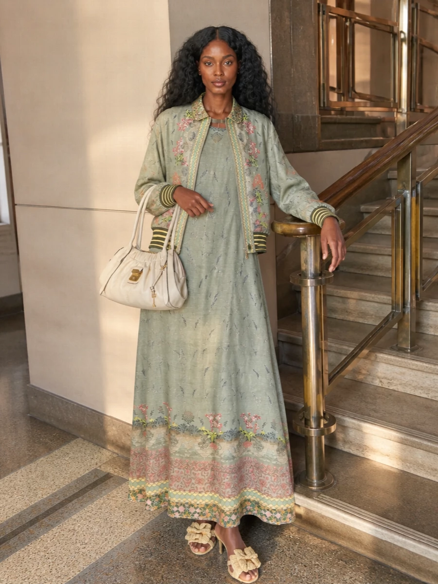 Pierre louise mascia sage bomber maxi dress outfit