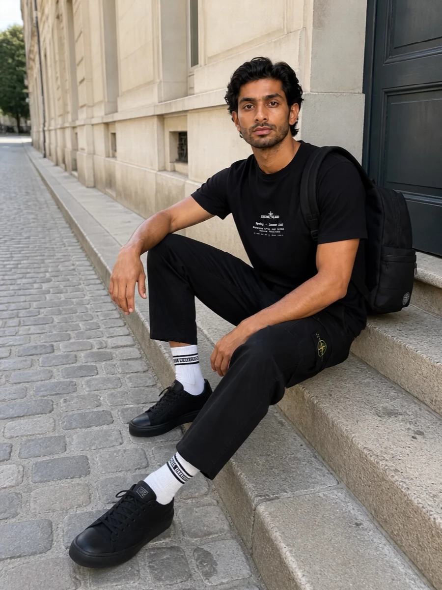 A black graphic tee meets deep black cargos for a clean, technical street uniform that feels ready for any city day. The all‑black sneakers and backpack keep the energy low contrast but sharp, while striped sport socks add just enough detail at the ankle. It is a tight, brand-led mix of utility and street that still reads considered rather than loud.