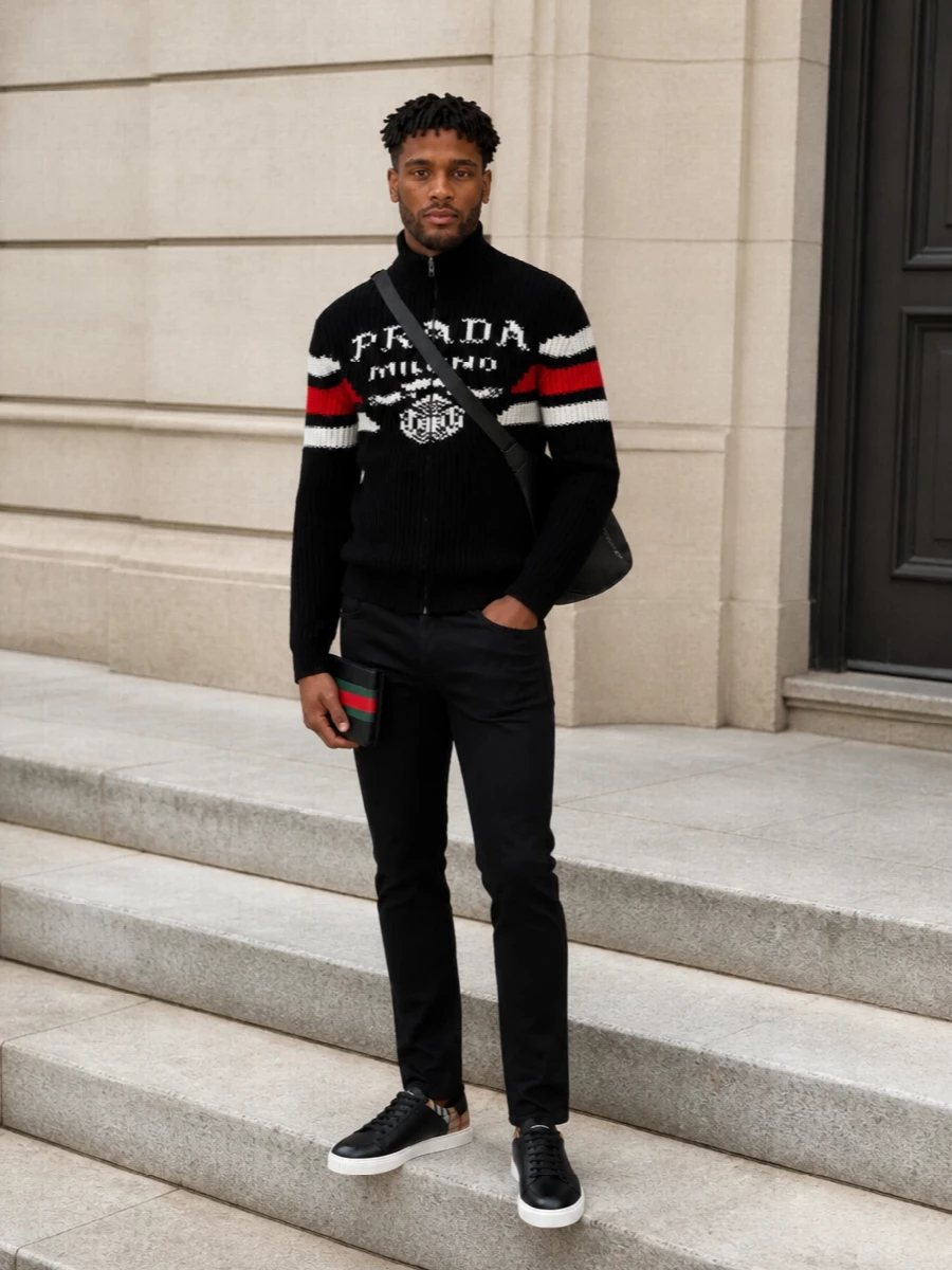 A graphic Prada knit and slim Tom Ford trouser frame the Gucci bifold as a precise hit of color, keeping the story black, sharp and quietly athletic. Burberry sneakers and a curved crossbody add just enough heritage detail, reading like a city-uniform for someone who lives between streetwear and tailored polish.