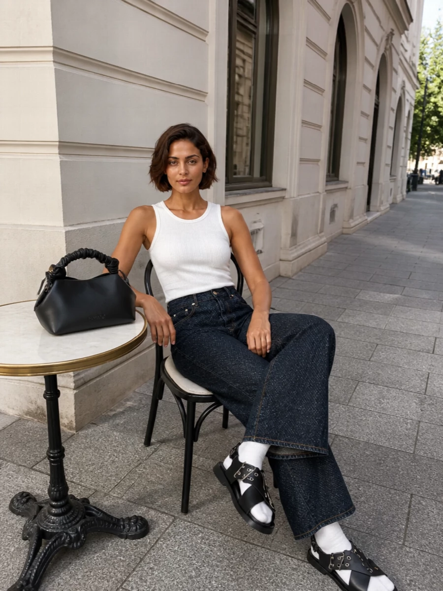 Ganni tank wide leg jeans black sandals outfit