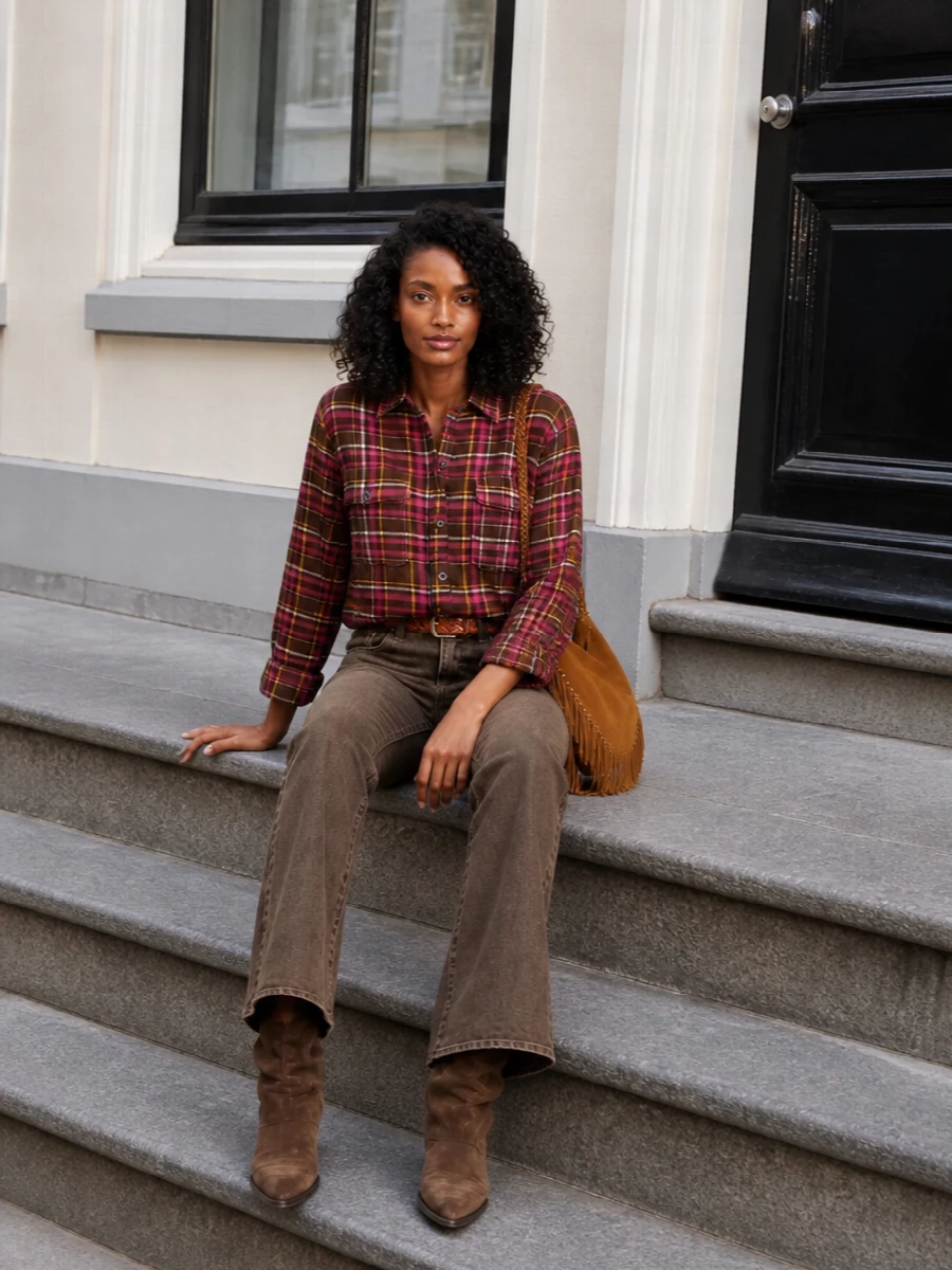 R13 flared jeans cropped plaid western boots