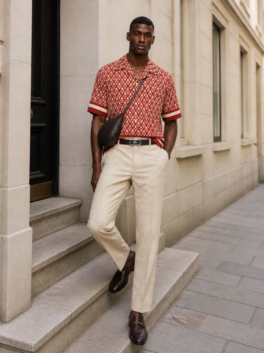 The brick-and-cream Valentino camp shirt sits over light beige cuffed trousers for a tailored yet relaxed profile that lets the geometric print stay the focus. Deep brown chain loafers and a chocolate intrecciato crossbody introduce rich, grounding neutrals, while a slim black belt gives just enough structure for an urbane, quietly luxurious FW look.