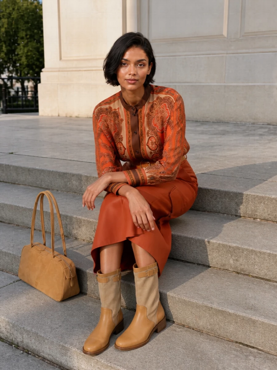 Zimmermann terracotta midi skirt paisley shirt