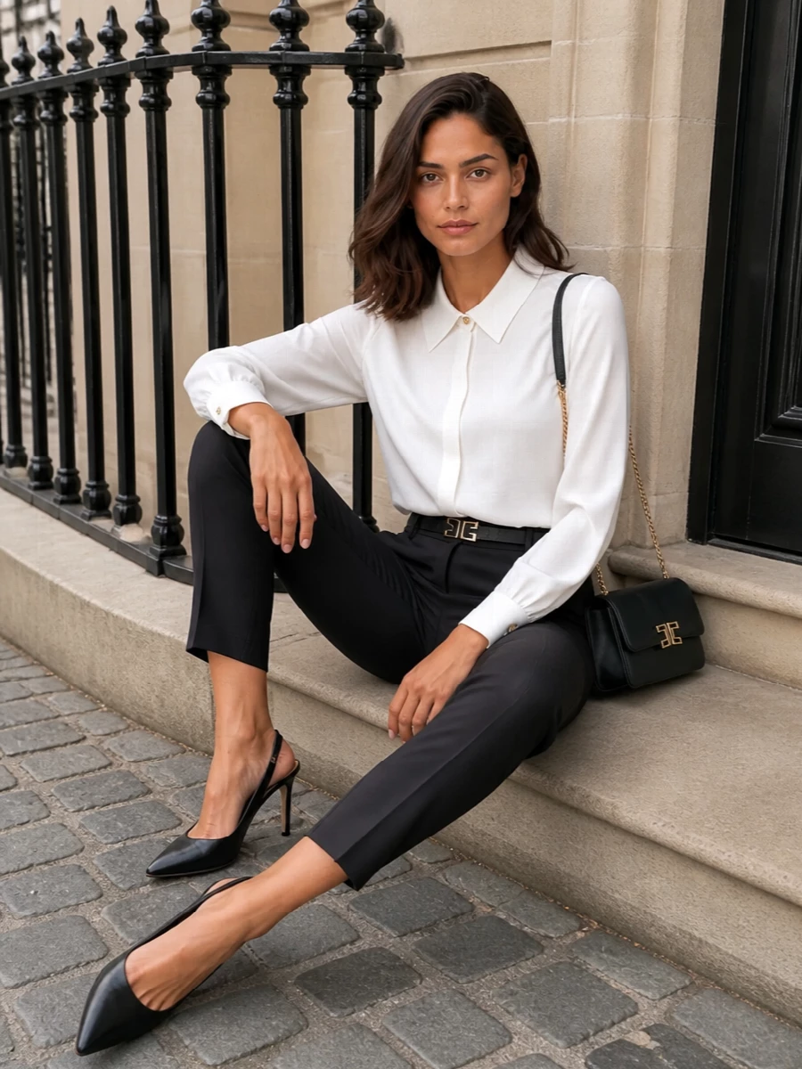 Elisabetta franchi black trousers white blouse