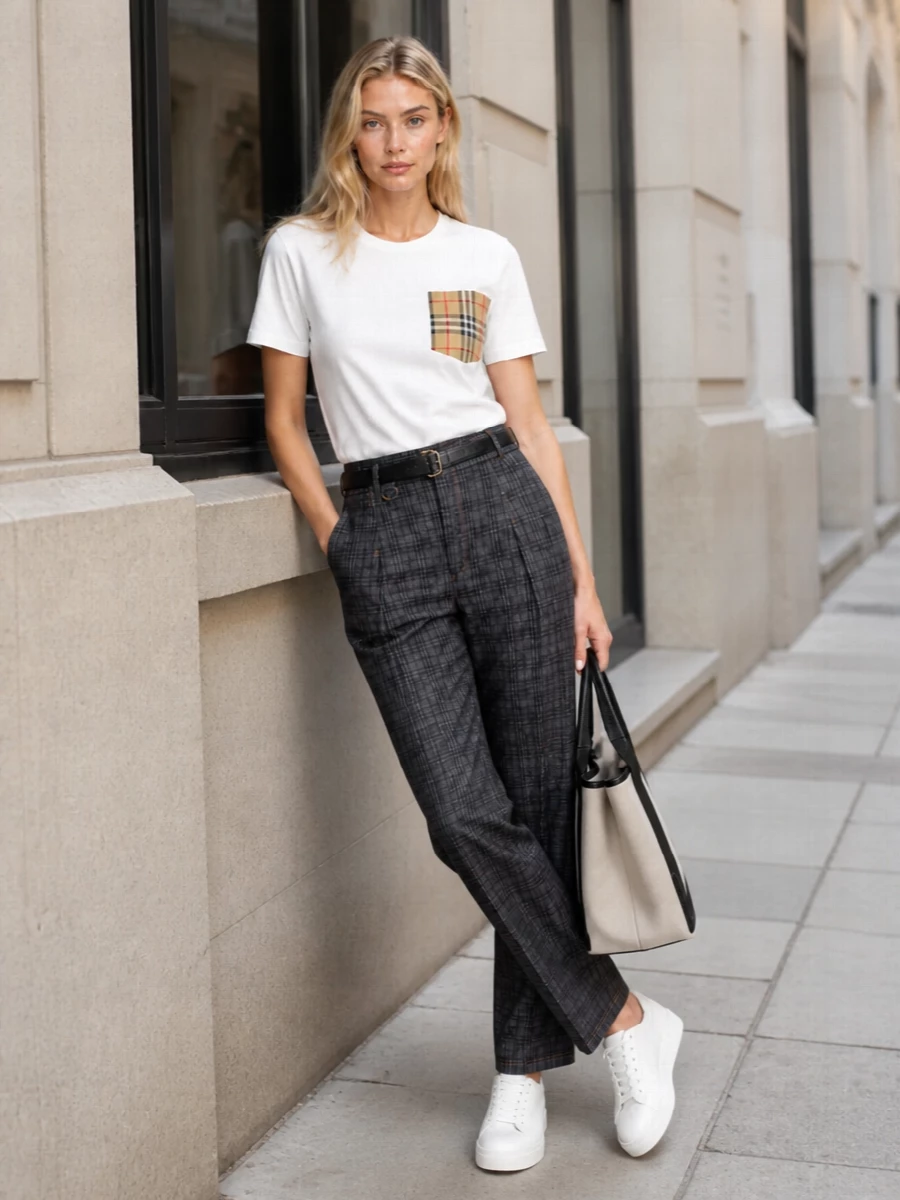 Burberry check t shirt charcoal trousers outfit