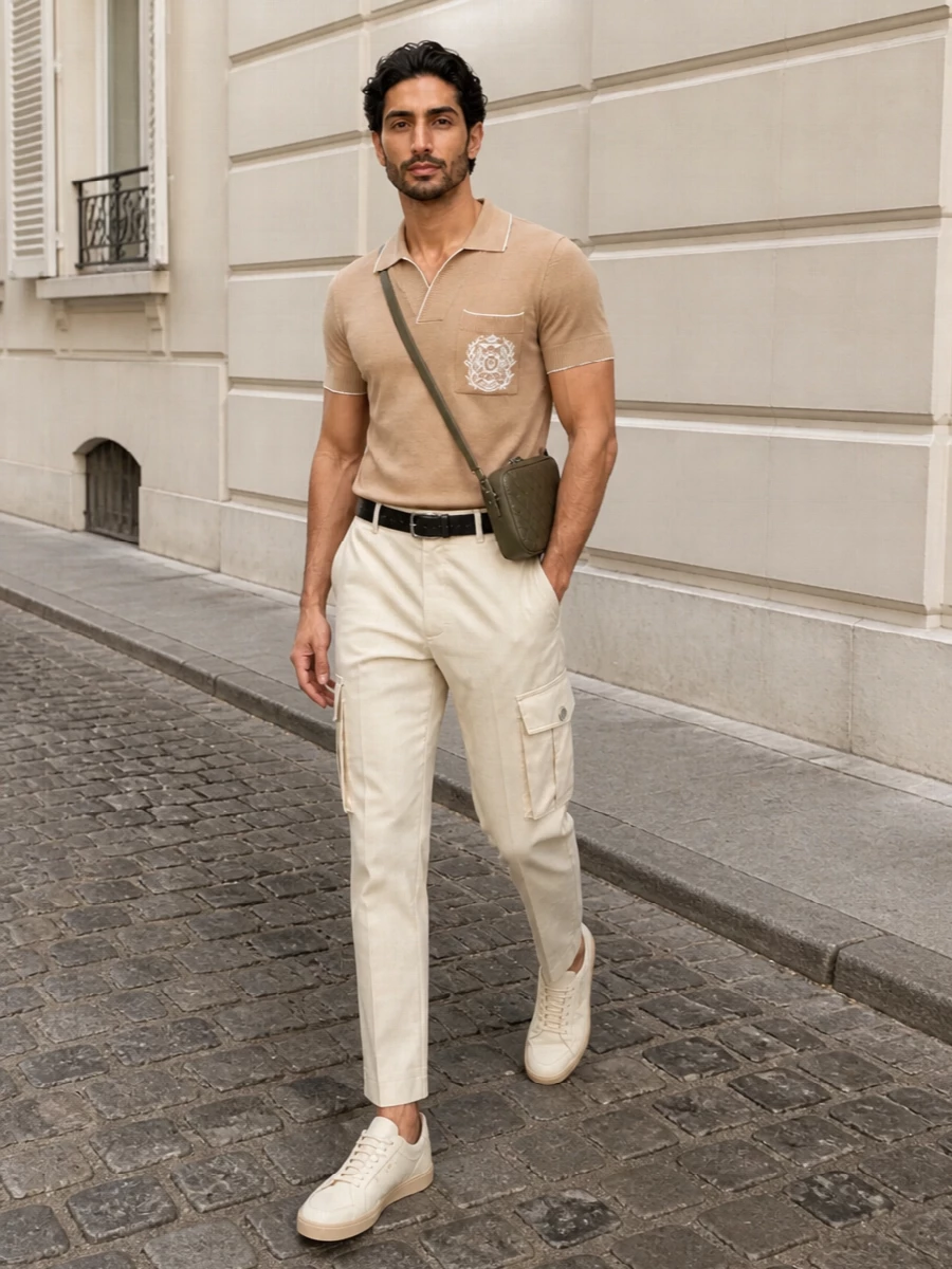 Balmain cargo pants camel knit polo streetwear