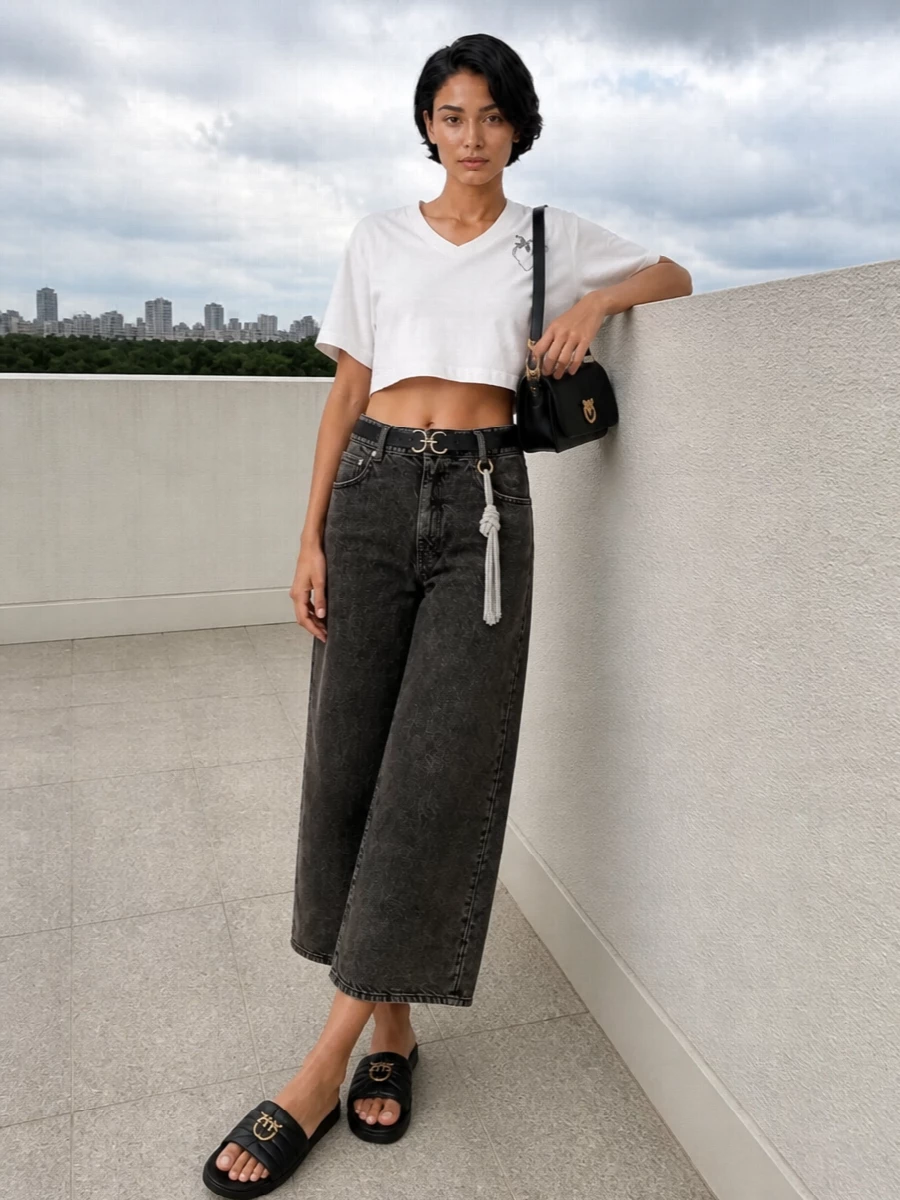 Pinko cropped tee charcoal wide leg outfit