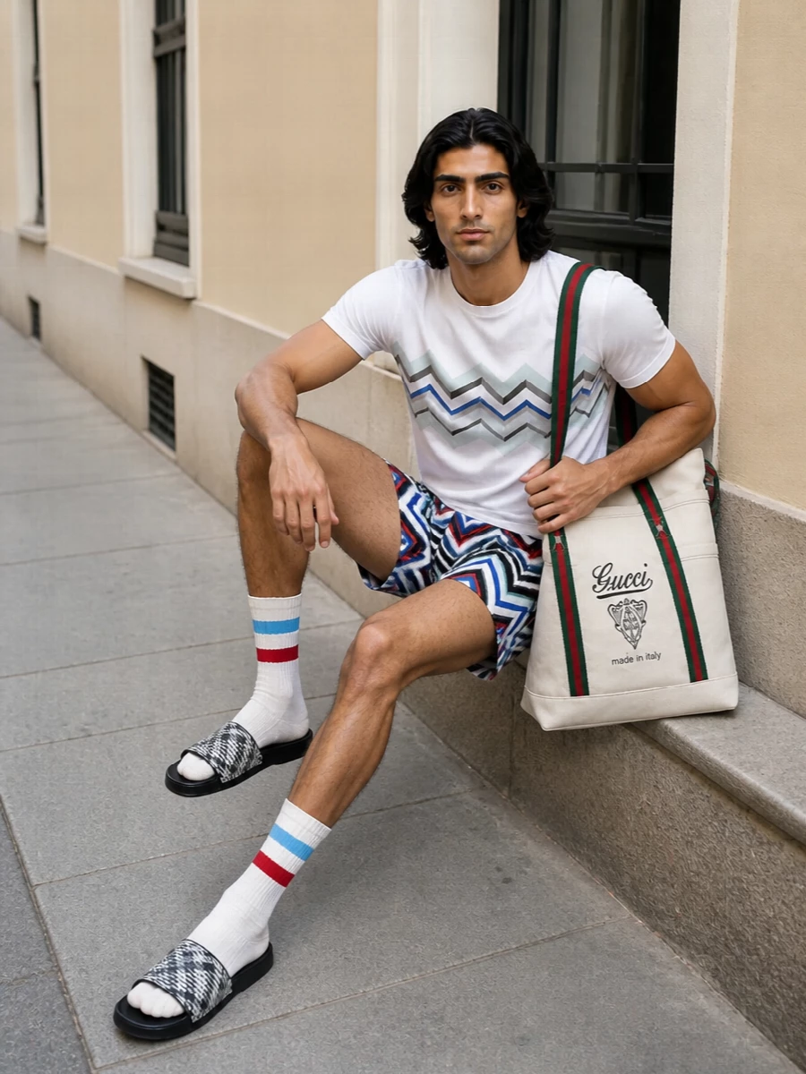 Missoni swim shorts white tee slides outfit