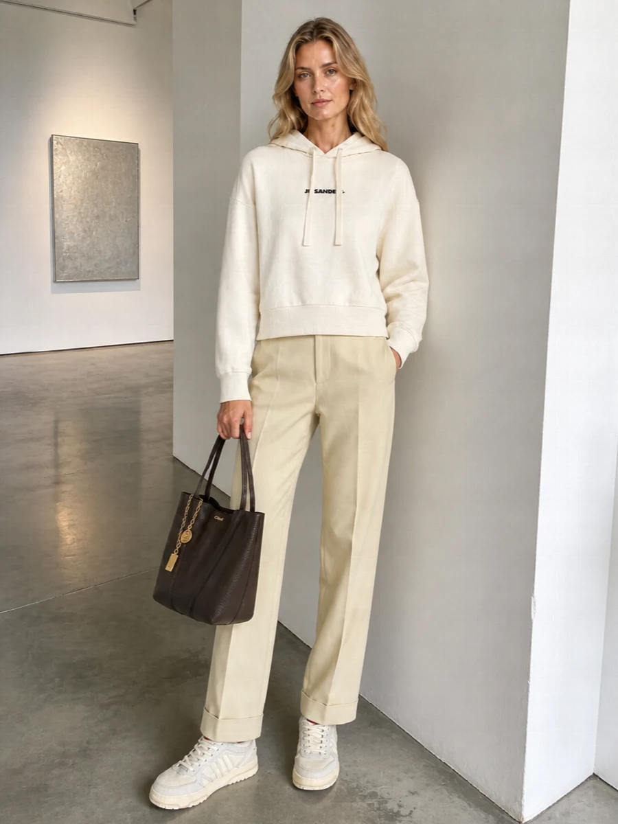 Cream on buttercream with a deep brown accent keeps this hoodie firmly in the quiet-luxury space rather than gym territory. Tailored trousers and padded sneakers balance ease and structure, so the silhouette reads relaxed but intentional. The Chloé tote grounds the neutrals with a subtle, grown-up contrast that works from studio mornings to low-key dinners.