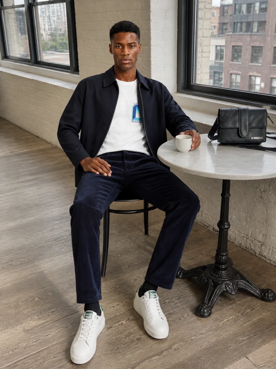 Casablanca navy jacket corduroy trousers outfit