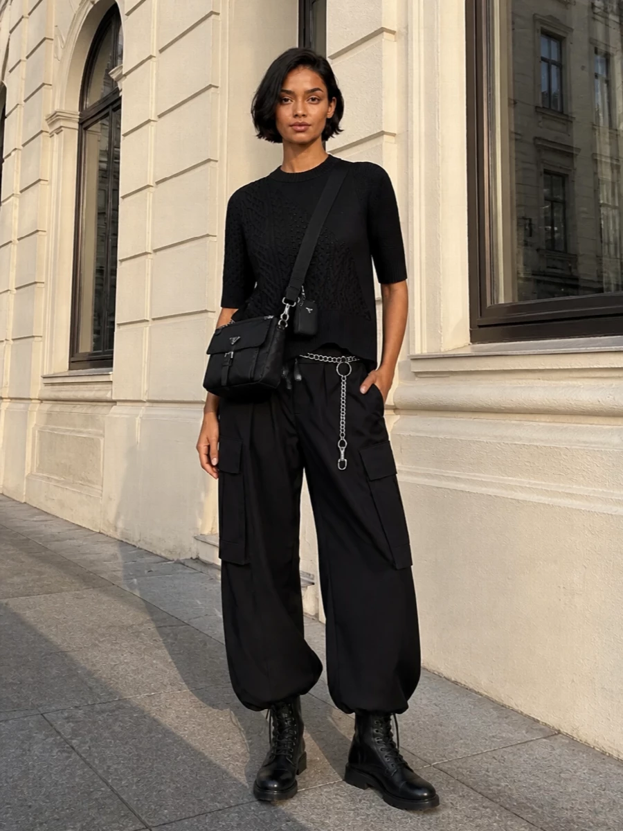 Sacai cargo pants asymmetric knit combat boots