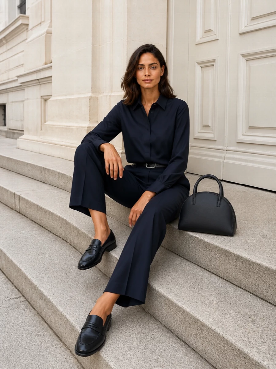 Apc navy wide leg trousers parosh shirt outfit
