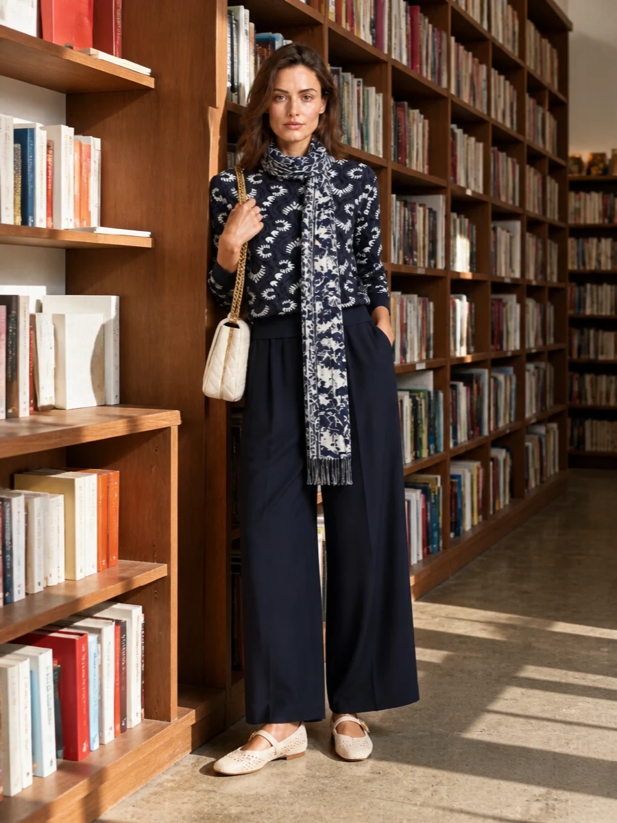 Weekend max mara navy floral sweater wide leg trouser