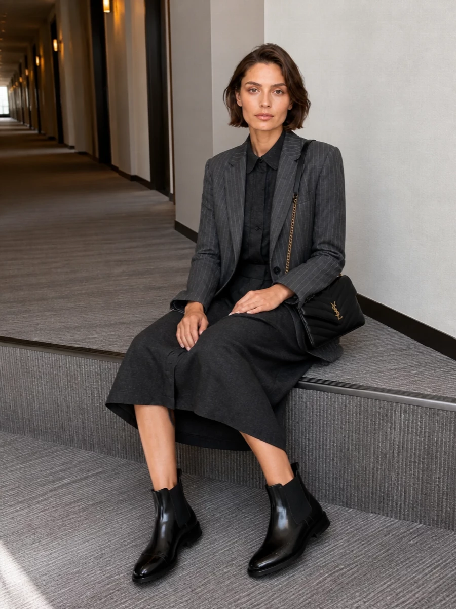 Here the Sacai pinstripe blazer tops an all-charcoal tailored column, so the Thom Browne shirt dress route is cleaner and more modern than adding another jacket over trousers. Grounded by glossy black Chelsea boots and a structured Saint Laurent shoulder bag, it reads like an intelligent city uniform for serious days that may end at dinner rather than drinks. The result is sharp, quiet and architectural, with just enough hardware to feel considered rather than decorative.