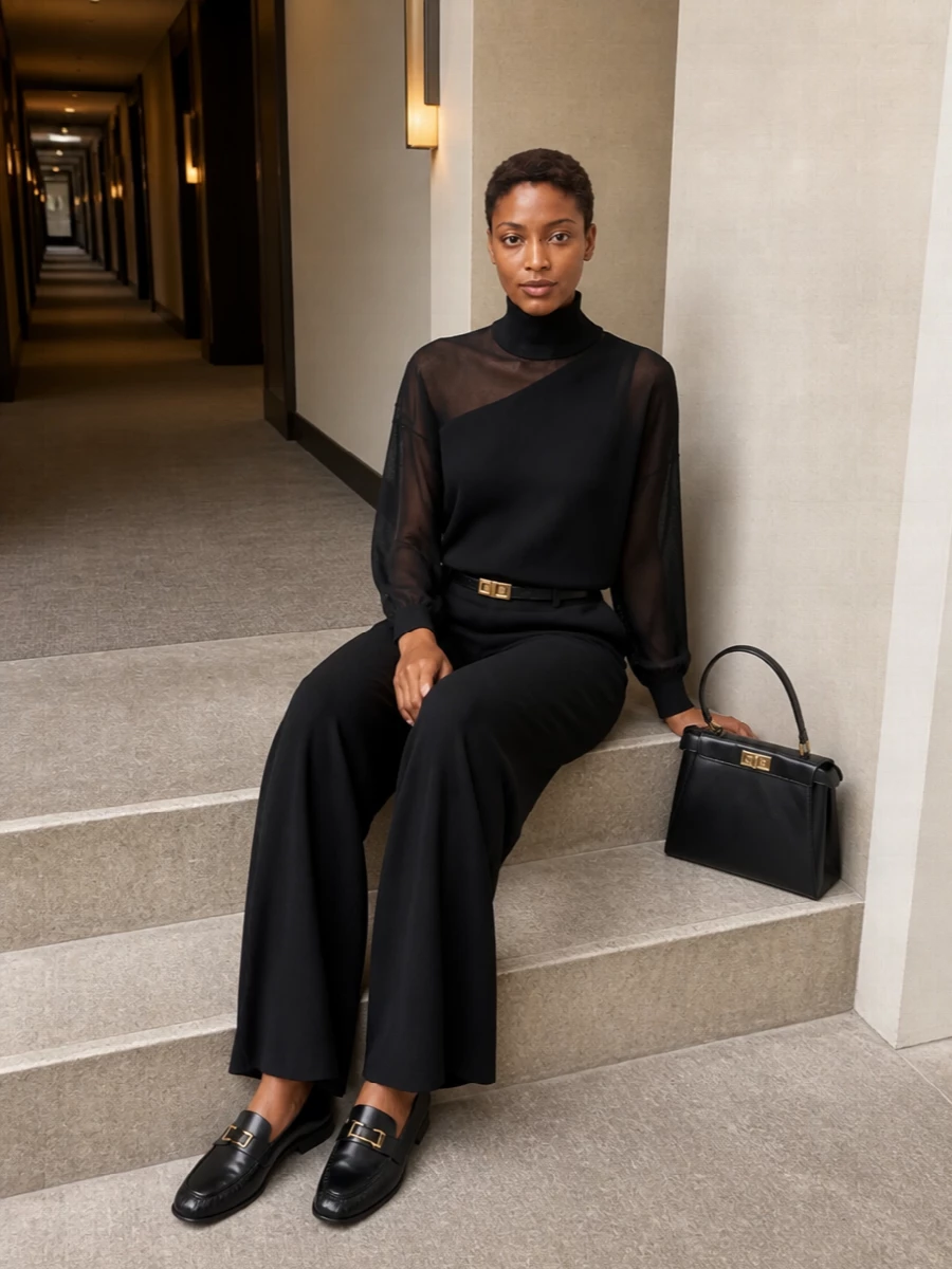 Fendi black wide leg trouser sheer knit outfit