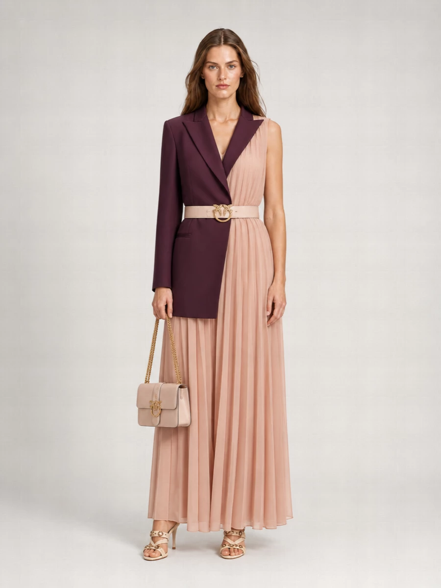 Pinko Pleated Georgette Sleeveless V-Neck Maxi Evening Dress And Single-Breasted Blazer Set