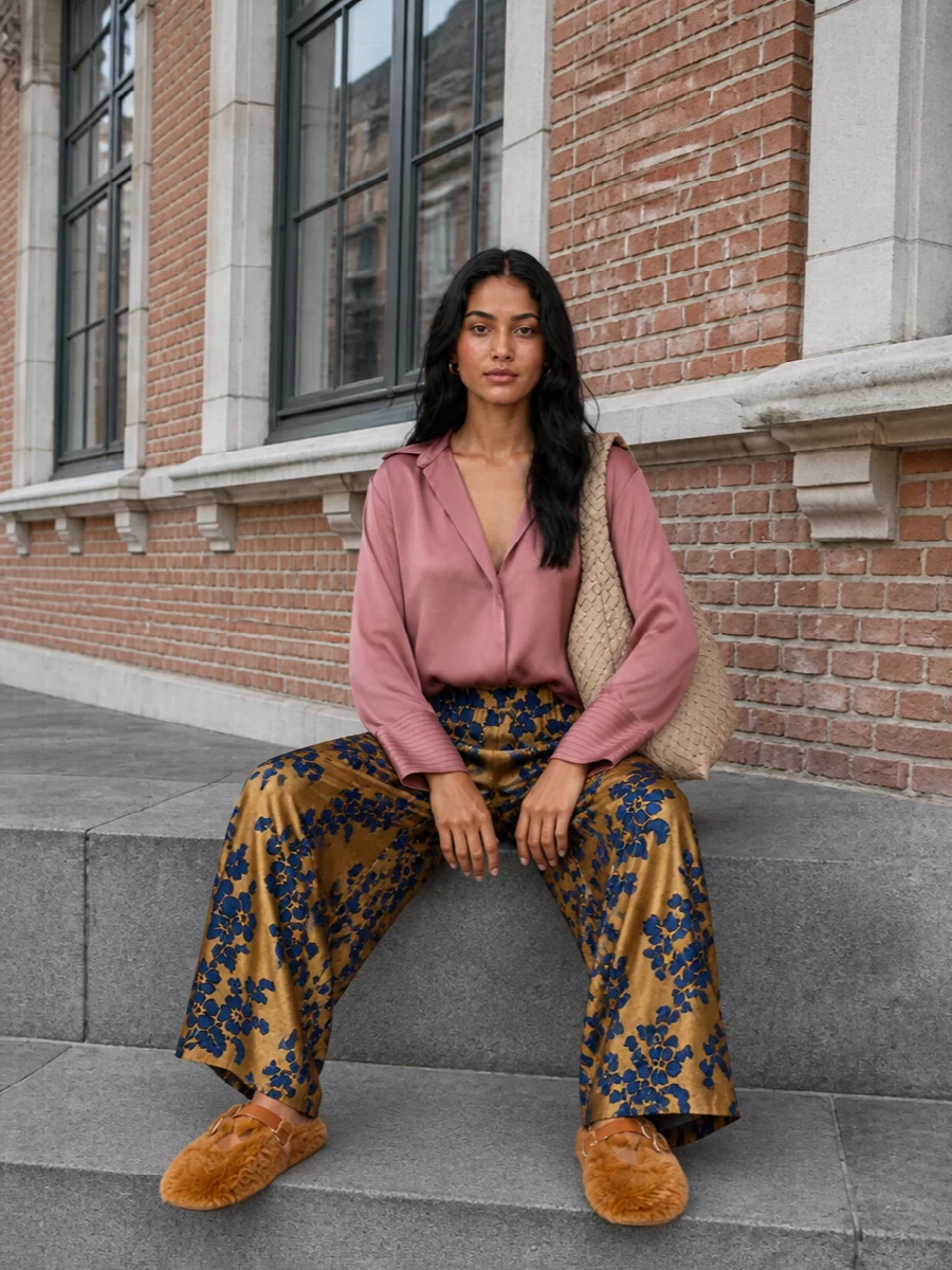 Golden floral trousers meet a languid rose satin blouse for a quietly romantic take on pyjama dressing that still feels city ready. Tan faux fur slippers keep the mood cocooned, while a slouchy woven hobo adds soft structure and texture. The result is relaxed wide‑leg drama tempered by fluid, feminine layers in a warm, harmonious palette.