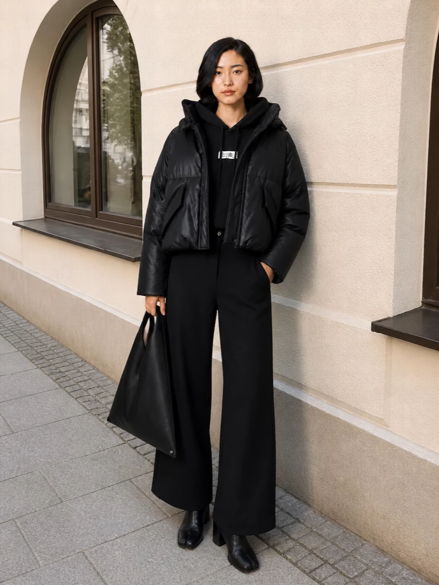 Mm6 puffer jacket wide leg trousers boots
