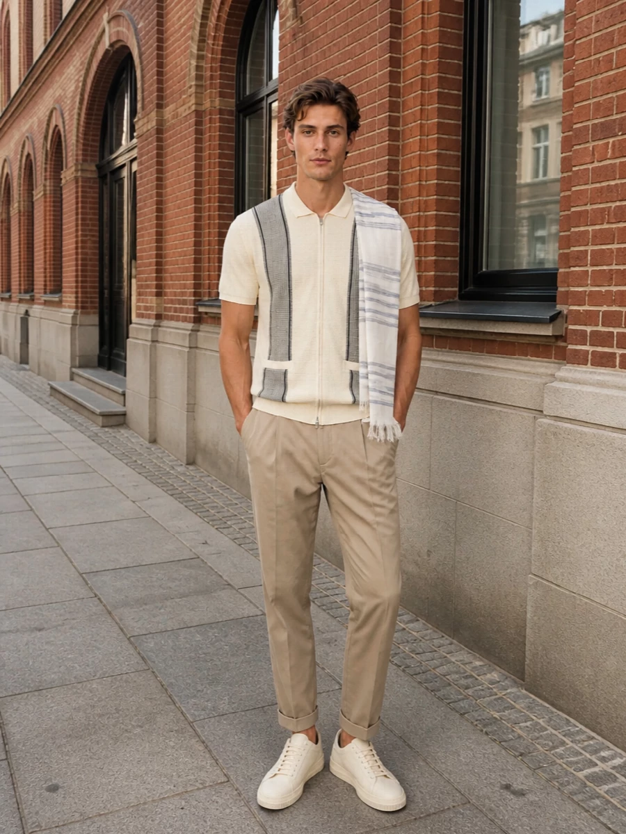 Beams plus cardigan pleated khakis cream sneakers