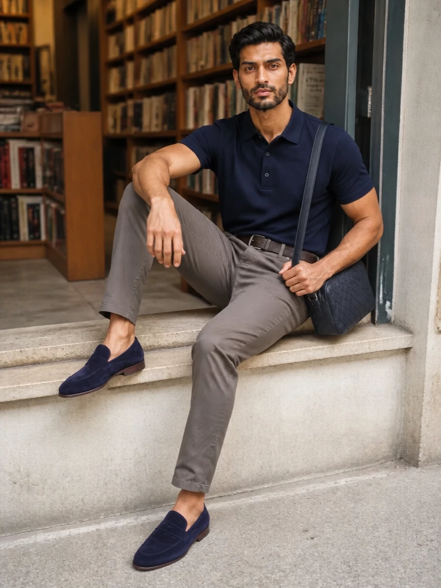 Navy and taupe keep this Brioni polo grounded in quiet, daytime polish, with the straight-leg chino softening the line without losing structure. Suede loafers and a woven navy crossbody introduce subtle texture, while the chocolate belt finishes the waist with a calm, tailored note. Ideal for days that move between desk, city errands, and relaxed dinners without a change of clothes.