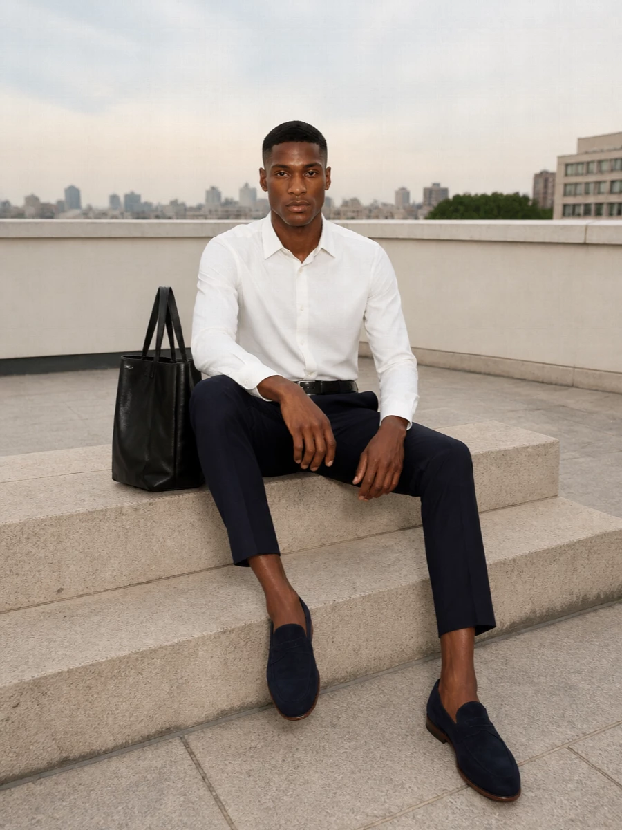 Apc navy pleated trouser white shirt outfit