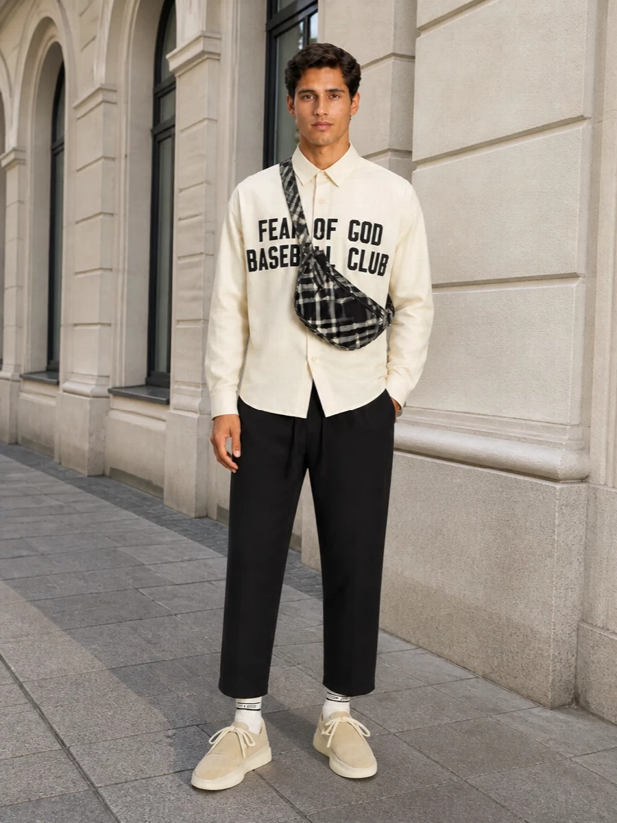 Fear of god baseball shirt black trousers outfit