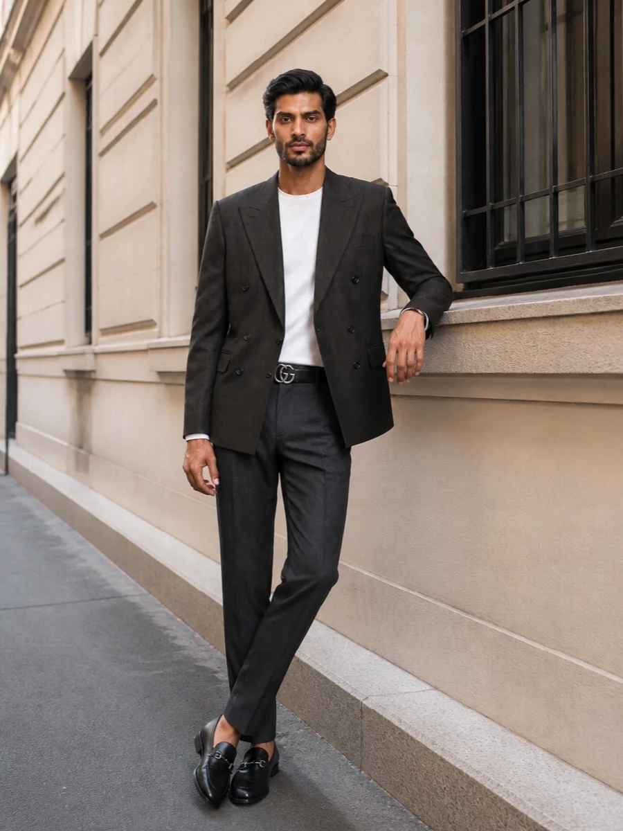 Charcoal pinstripes and herringbone work together here to create a controlled, tonal suit story that feels confident rather than flashy. The slim trouser, sleek black loafers and matching embossed briefcase keep the line long and precise, with silver hardware adding just enough definition. It is a boardroom-ready ensemble that slips straight into evening without a change of tone.