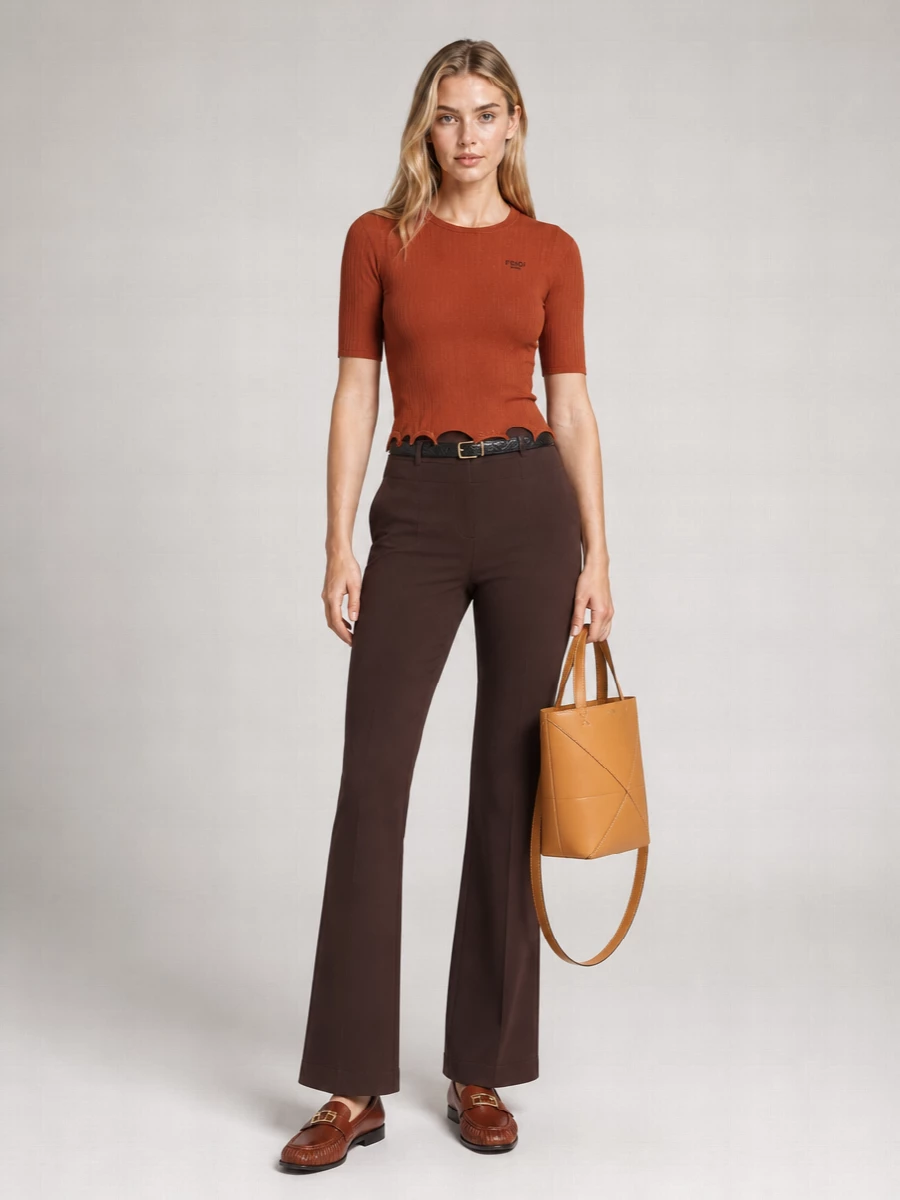 Fendi Virgin Wool Ribbed Short-Sleeve Crewneck Top