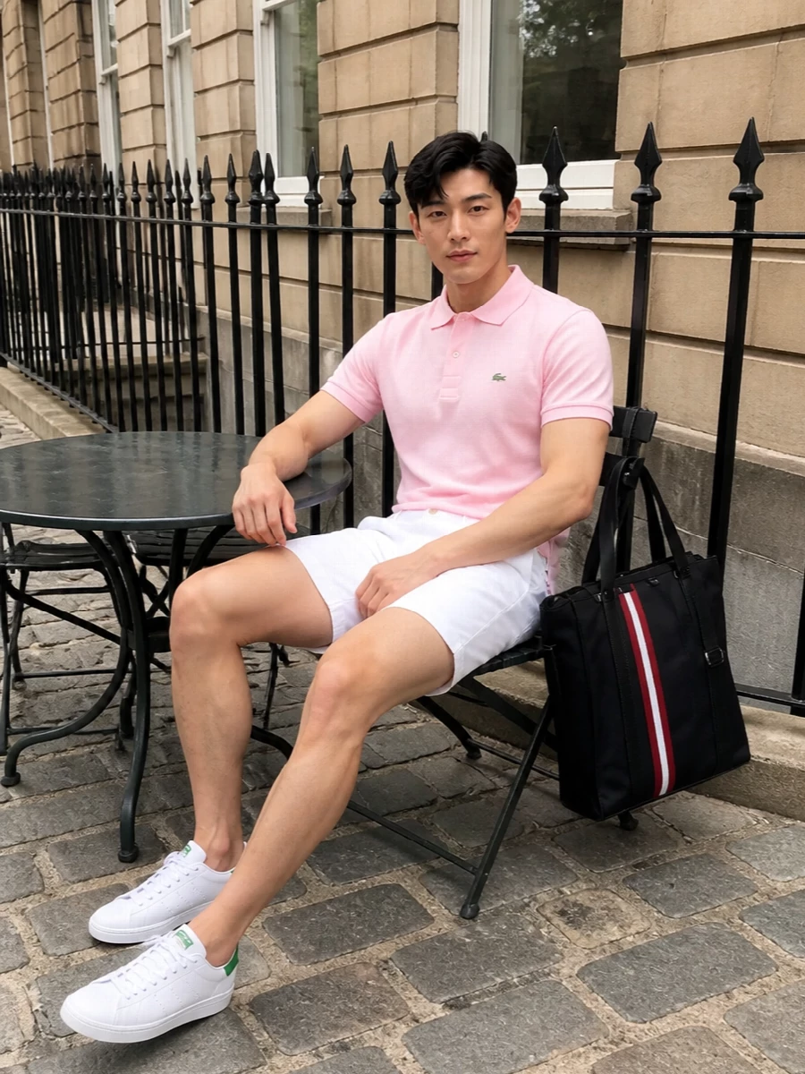Lacoste pink polo white shorts adidas sneakers
