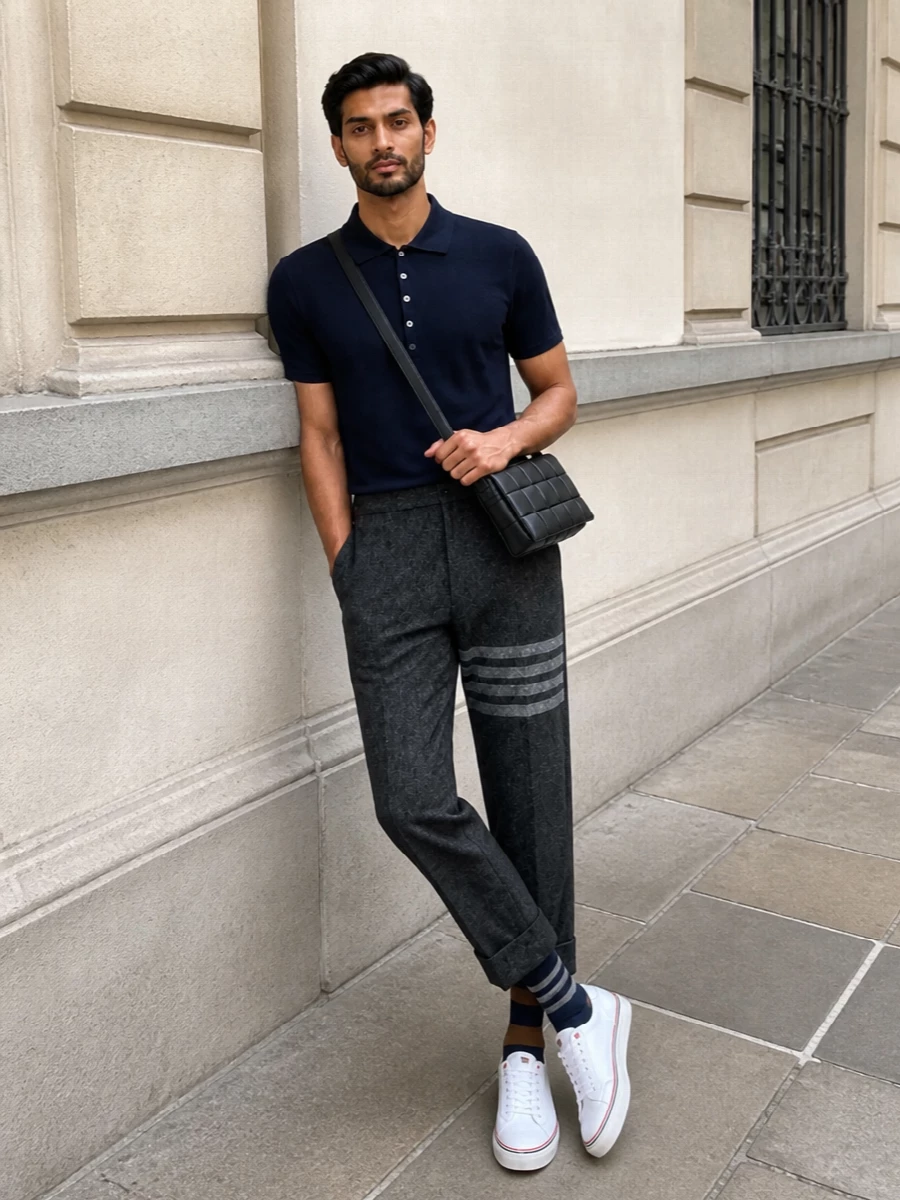 This look distils the Thom Browne uniform into an easy, modern trio: a deep navy piqué polo, cropped grey four‑bar trousers and crisp white low-top sneakers. The result is tailored yet relaxed, with the Bottega crossbody and playful Thom socks adding just enough texture and personality while keeping everything firmly in the quiet-luxury arena. It’s a refined off-duty or smart-casual city uniform that reads considered without ever feeling overworked.