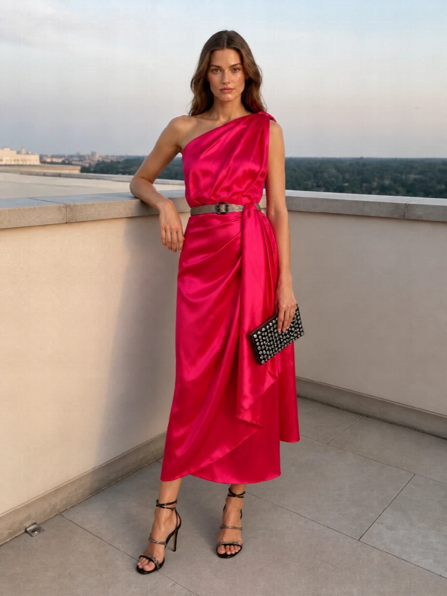 Dolce gabbana fuchsia satin dress black heels