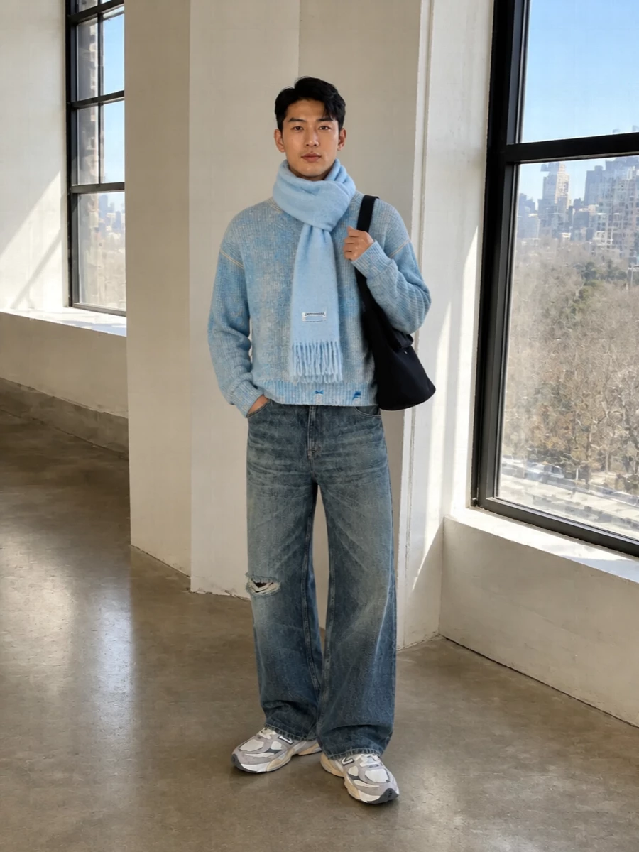 Washed blues and greys keep this outfit soft and moody, with the powder crew and wide, faded denim leaning into a relaxed grunge street feel. Chunky neutral runners and a black shoulder bag ground the volume so it feels intentional rather than slouchy. The ice blue scarf finishes it with a quiet hit of color that still sits in the same hazy palette.