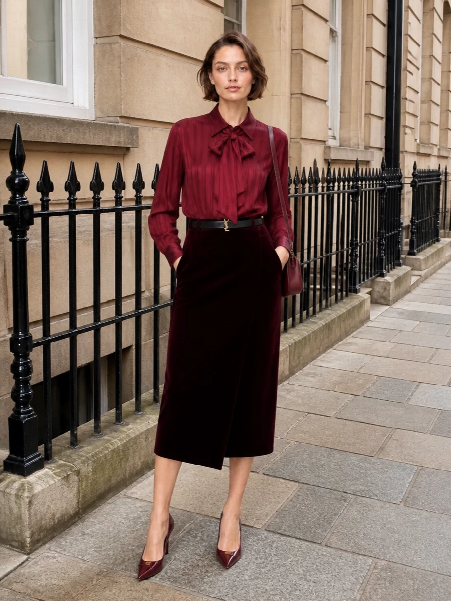 Saint laurent burgundy bow shirt velvet skirt