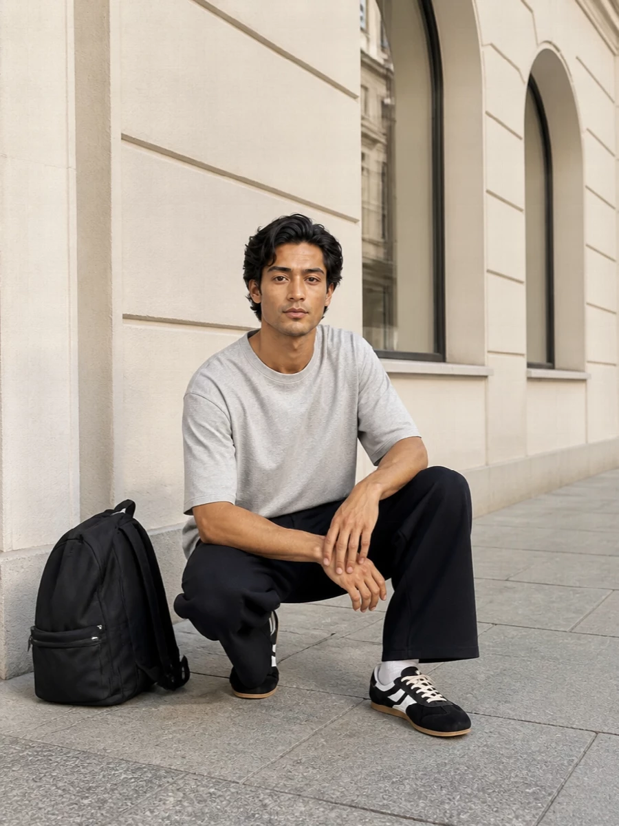 Ami track pants grey tee dries sneakers