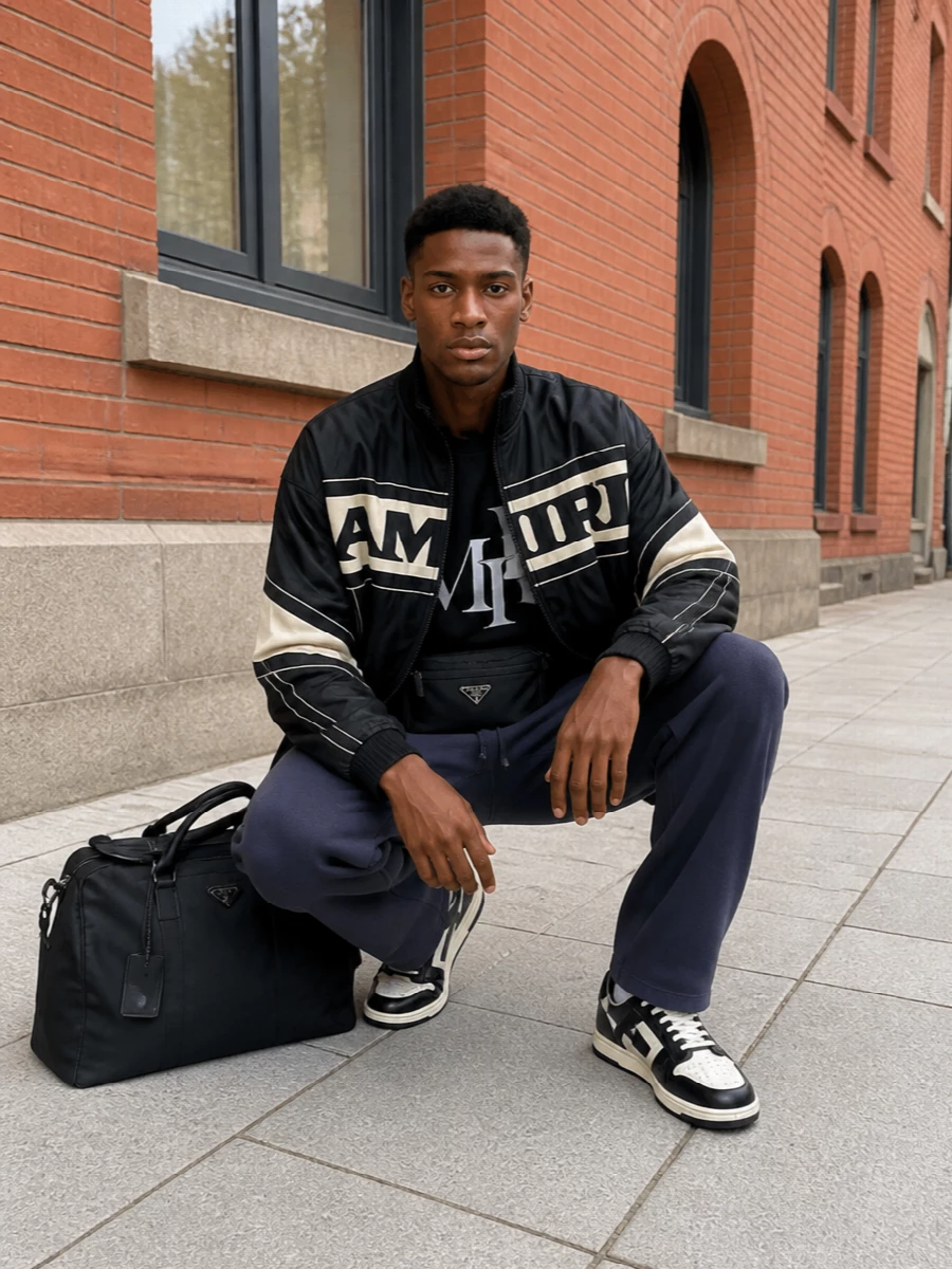 Amiri track jacket prada belt bag outfit