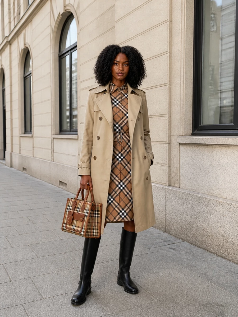 Burberry trench checked shirt dress riding boots