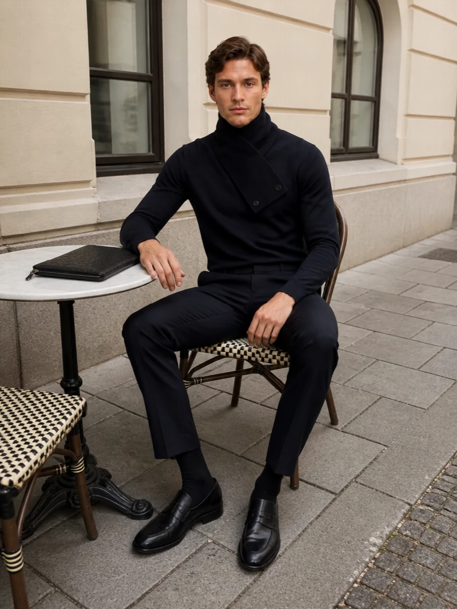 A deep navy turtleneck and matching tapered trousers create a seamless, elongated line that feels quietly confident rather than showy. Black penny loafers and a slim woven portfolio sharpen the mood, giving you a precise, modern uniform that moves from meeting days to dinner without needing a change. The compact navy scarf adds warmth while keeping every edge clean and considered.