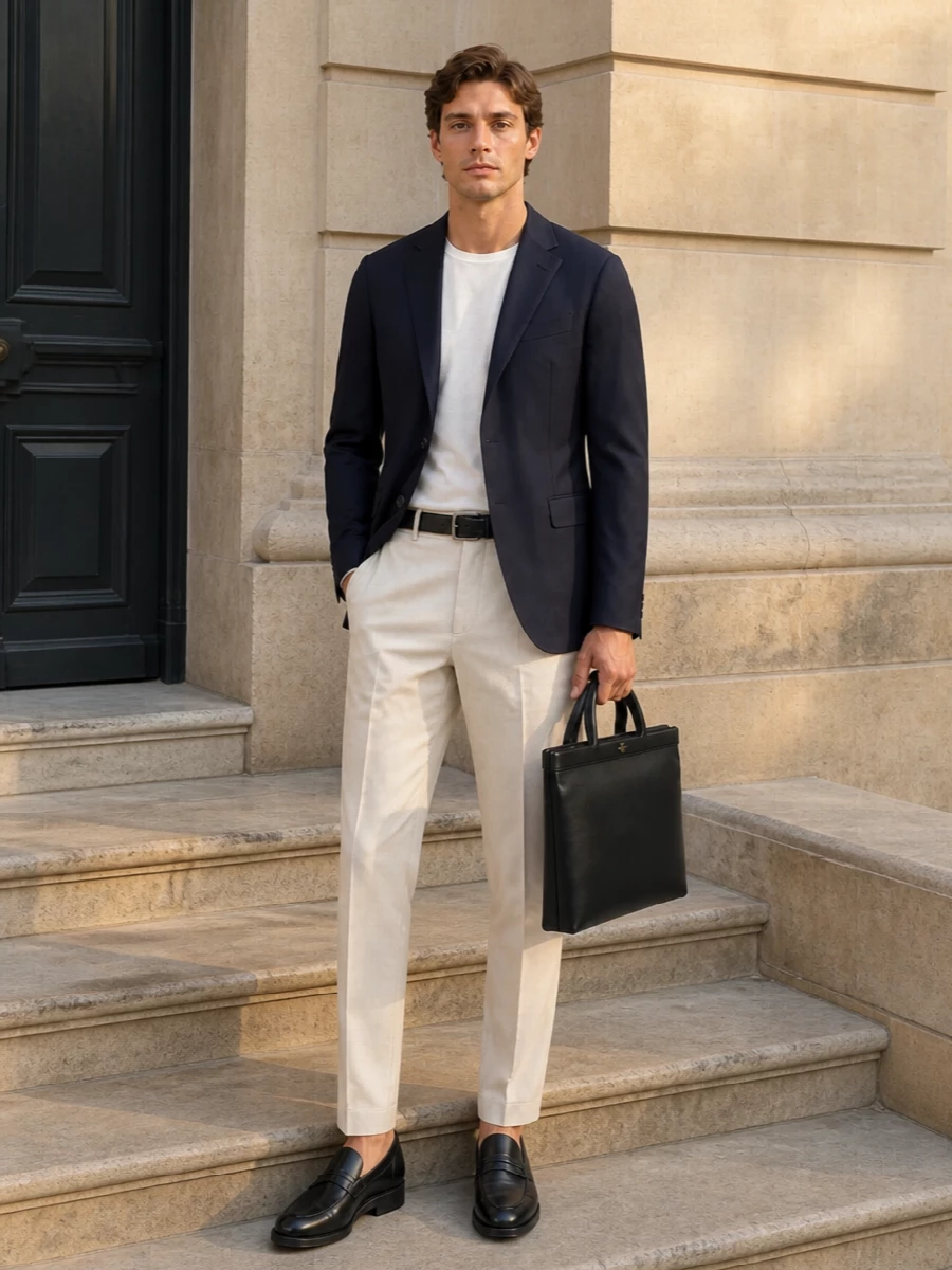 Lardini navy blazer beige trousers tods loafers