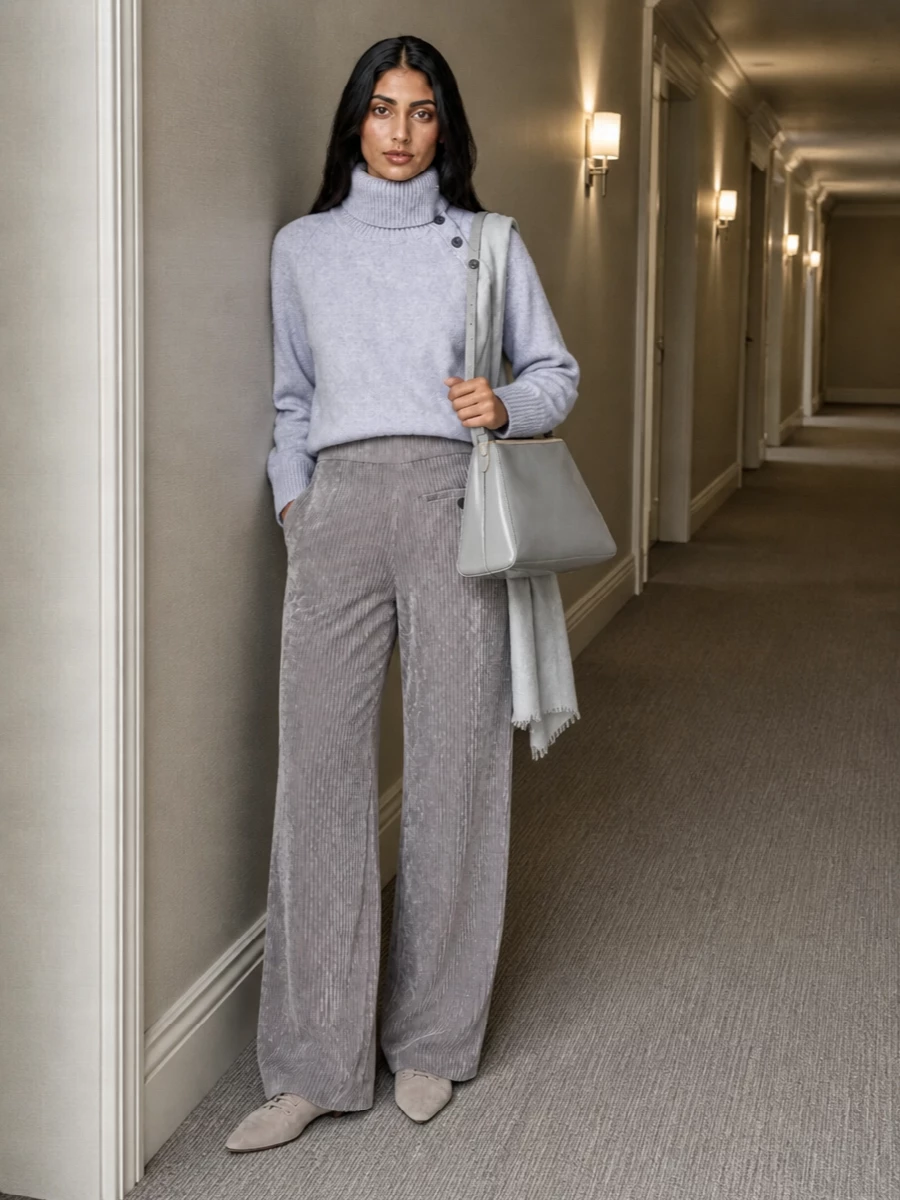 Armani grey wide leg trousers turtleneck outfit
